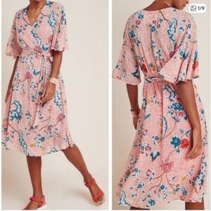 ANTHROPOLOGIE Maeve Adelaide Floral Pink Wrap Midi Dress  Size L